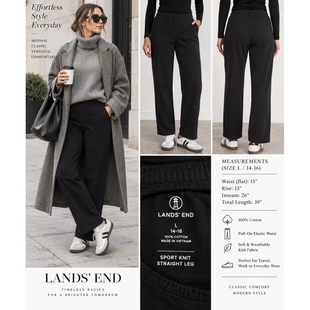 Lands' End Sport Knit Straight Leg Pants L 14-16 Black Cotton Pull On High Rise